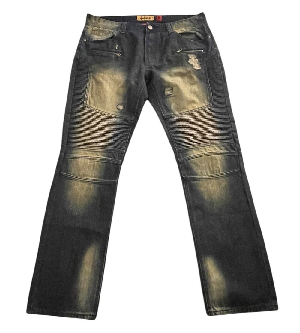 Mens Makobi Jeans 36x34 Blue Faded Distressed Zipper Pockets Streetwear Y2K